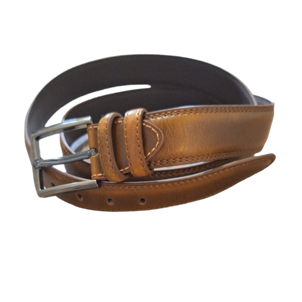 Men's Vegan Leather Tan Brown Thick Belt with Gunmetal Tone Buckle, 57"